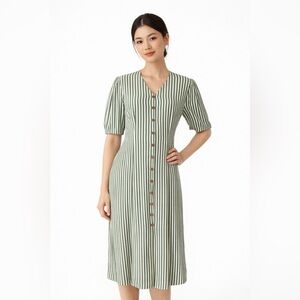 Vintage 80s Green White Striped Button Front Dress Preppy Classic Shoulder Pads